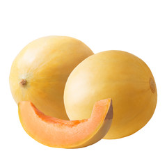 Two whole and slised  melon fruits isolated on white background