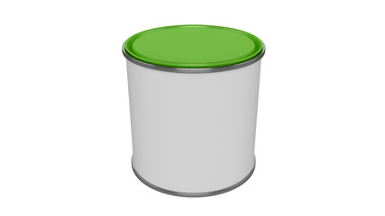 3D realistic render. Composition of single isolated paint can with green lid. Design template.