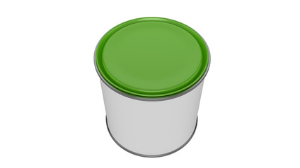 3D realistic render. Composition of single isolated paint can with green lid. Design template.