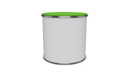 3D realistic render. Composition of single isolated paint can with green lid. Design template.