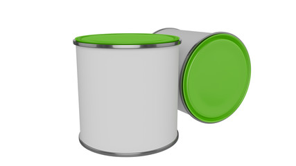 3D realistic render. Composition of two isolated paint can with green lid. Design template.