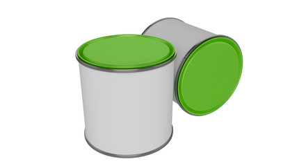 3D realistic render. Composition of two isolated paint can with green lid. Design template.