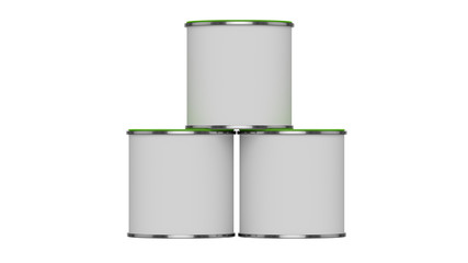 3D realistic render. Composition of three isolated paint can with yellow lid. Design template.