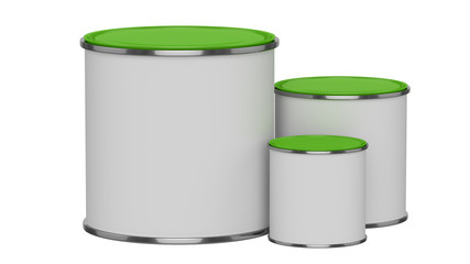 3D realistic render. Composition of three isolated paint can with green lid. Big, medium and small. Design template.