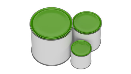 3D realistic render. Composition of three isolated paint can with green lid. Big, medium and small. Design template.