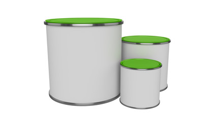 3D realistic render. Composition of three isolated paint can with green lid. Big, medium and small. Design template.