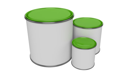 3D realistic render. Composition of three isolated paint can with green lid. Big, medium and small. Design template.