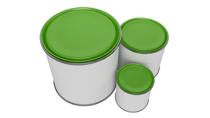 3D realistic render. Composition of three isolated paint can with green lid. Big, medium and small. Design template.