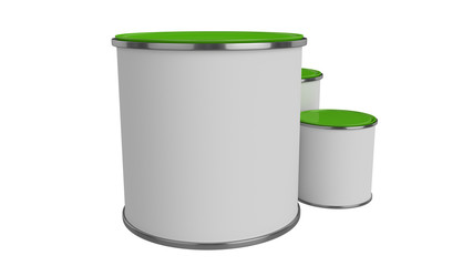 3D realistic render. Composition of three isolated paint can with green lid. Big, medium and small. Design template.