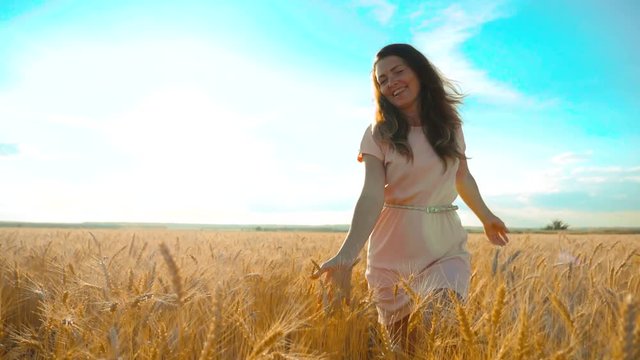 girl is walking along the wheat field nature slow motion video. Beautiful lifestyle girl in white dress running nature freedom happiness hands to the side on field at sunset light and the blue sky