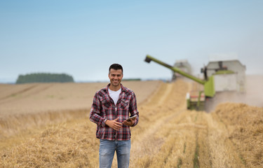 Farmer standing in field during harvest
