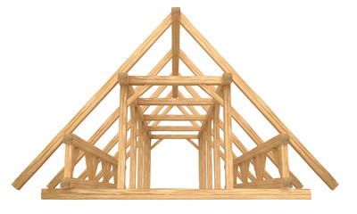 3D render of fresh new wood roof construction. Isolated on white background.