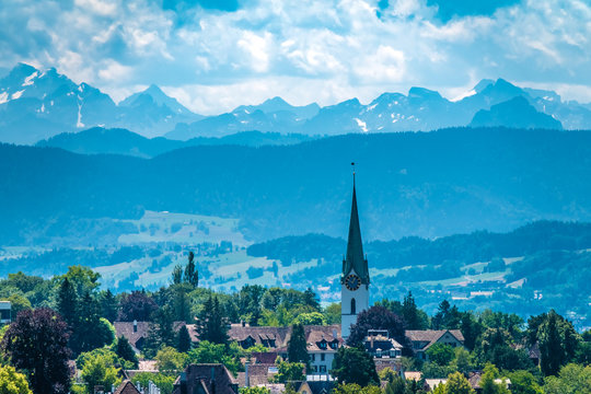 Distant view of the city of Zoolikon from the wine terraces of Weinegg district of the city of , Zurich, Switzerland