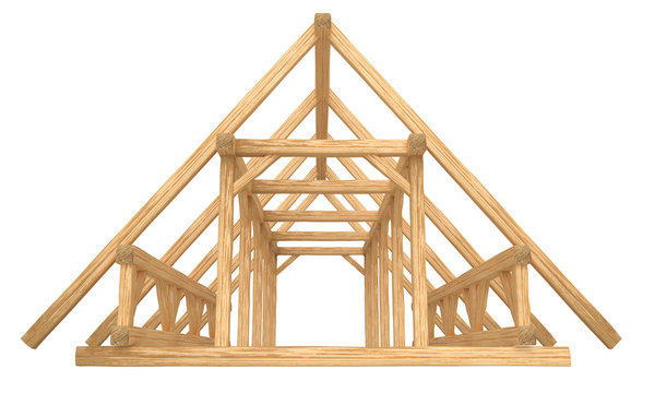 3D render of fresh new wood roof construction. Isolated on white background.