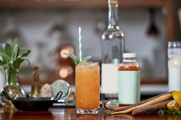 a shot of a modern gourmet craft cocktail of fruit juice gin and tonic garnished by a sprig of mint on a bar with fresh vegetables in a restaurant