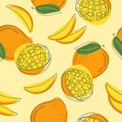 Seamless pattern with mango. Сontinuous line hand drawn vector illustration.
