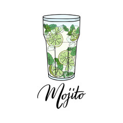 Mojito. Contemporary Classic cocktail. Hand sketched glass of fresh Mojito with lime, mint, ice and lettering typography.  Vector on white background made for menu design, bar, restaurant, print. 