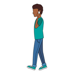 Young man walking and using smartphone vector illustration graphic design