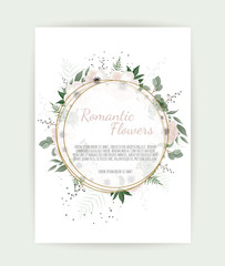Floral wreath with green eucalyptus leaves, flower rose, anemone . Frame border with copy space eps10