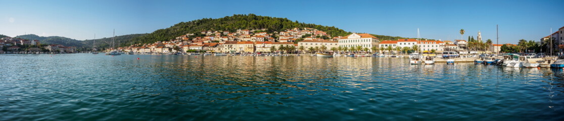 Fototapeta premium Panorama of the Mediterranean town Vela Luka on Korcula island, Croatia
