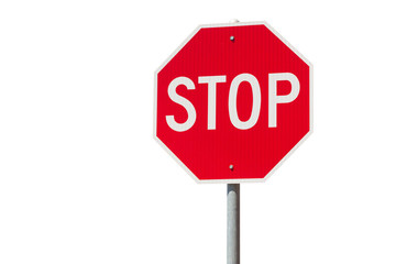 Red stop sign isolated on white background. Traffic regulatory warning sign.