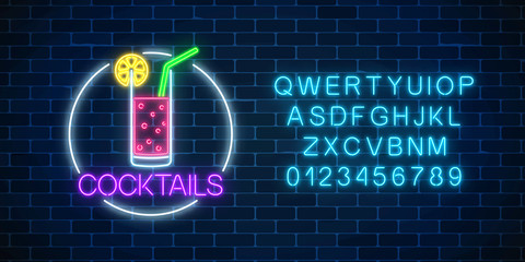 Neon cocktail glass sign in circle frame and alphabet. Glowing gas advertising with glass of alcohol shake with citrus. © generationclash