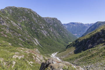 Obraz premium View of Buerdalen valley and Sandvinvatnet lake in the distance