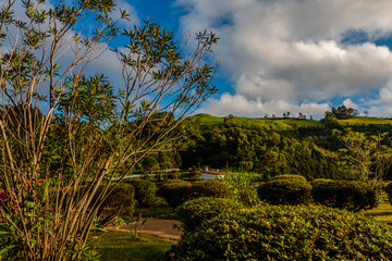Fototapeta na wymiar Picturesque park with evaporation from natural active geysers at side of Furnas town on Sao Miguel island of Azores, Portugal