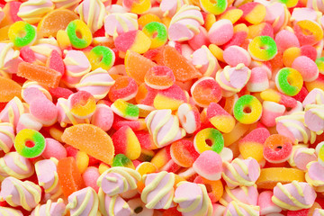 Fototapeta na wymiar Assorted gummy candies. Top view.