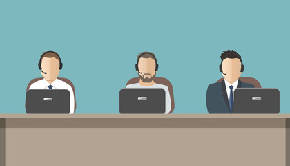Web banner of call center workers. Technical support service. Young men in headphones sitting at the desk. People icons. Vector illustration.