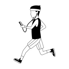 Fitness man running and listen music with smartphone vector illustration graphic design