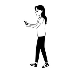 Young woman walking and talking with smartphone vector illustration graphic design