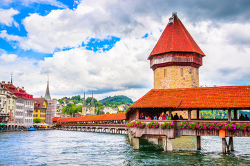 City center with famous Chapel Bridge and lake in Lucerne, Switzerland