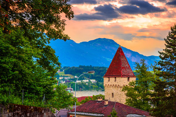 Aerial view of Lucern at sunset, Switzerland