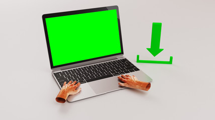 Hands on the laptop keyboard next to the download symbol, template. 