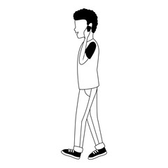 Young man walking and using smartphone vector illustration graphic design