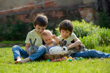Naklejka na ściany i meble Cute children, boy brothers, toddler and preschool, playing with little bunnies and easter eggs in a blooming garden