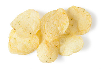 Potato chips isolated on white background, top view.