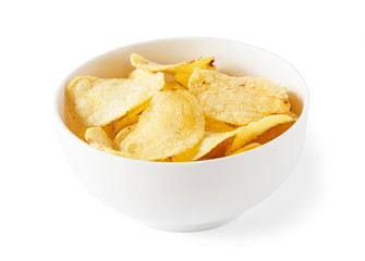 Potato chips in a bowl, isolated on a white background,.