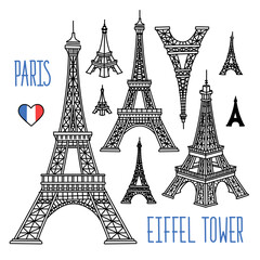 Eiffel Tower freehand vector drawings. Different sizes and points of view.