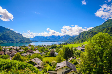 Aerial view on Wolfgangsee lake,  Salzkammergut, Austria, Europe