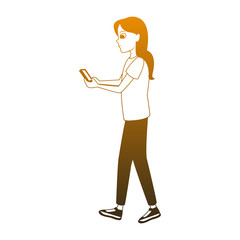 Young woman walking and talking with smartphone vector illustration graphic design