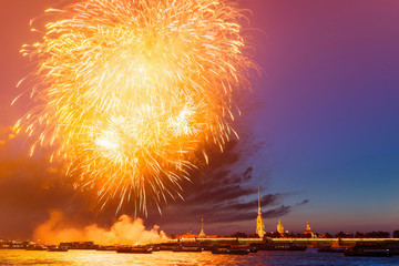 Fireworks over Neva river. Saint Petersburg. Russia
