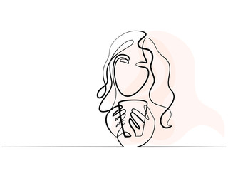 Continuous one line drawing. Abstract portrait of a woman with cup of tea. Vector illustration.