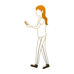 Young woman walking and talking with smartphone vector illustration graphic design