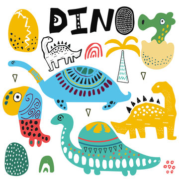 Dino and dinosaur illustration set. Hand drawn cute exotic animals. Egg and palm. Kids drawing.