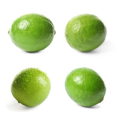 Set with fresh limes on white background