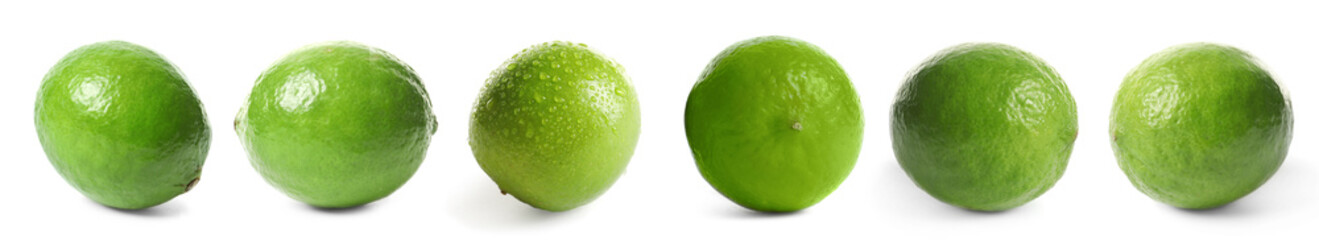 Set with fresh limes on white background