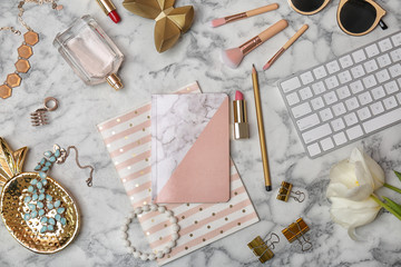 Flat lay composition with cosmetics and stylish accessories on light background. Blogger concept