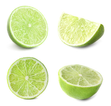 Set with fresh limes on white background